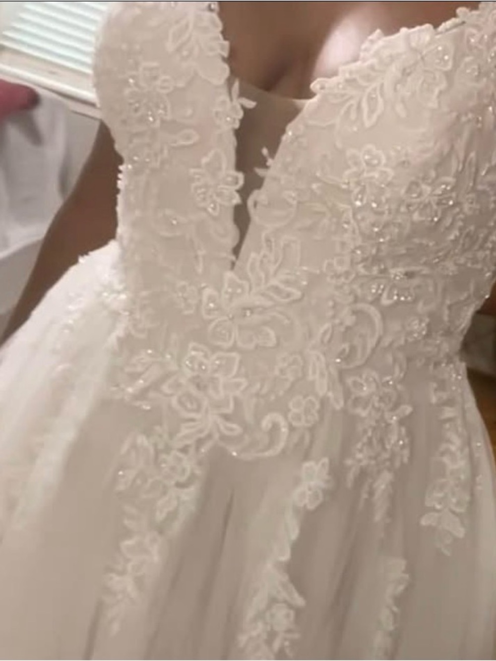 Ivory Lace Appliqué Bridal Gown with Plunge V-Neck - Women Dresses